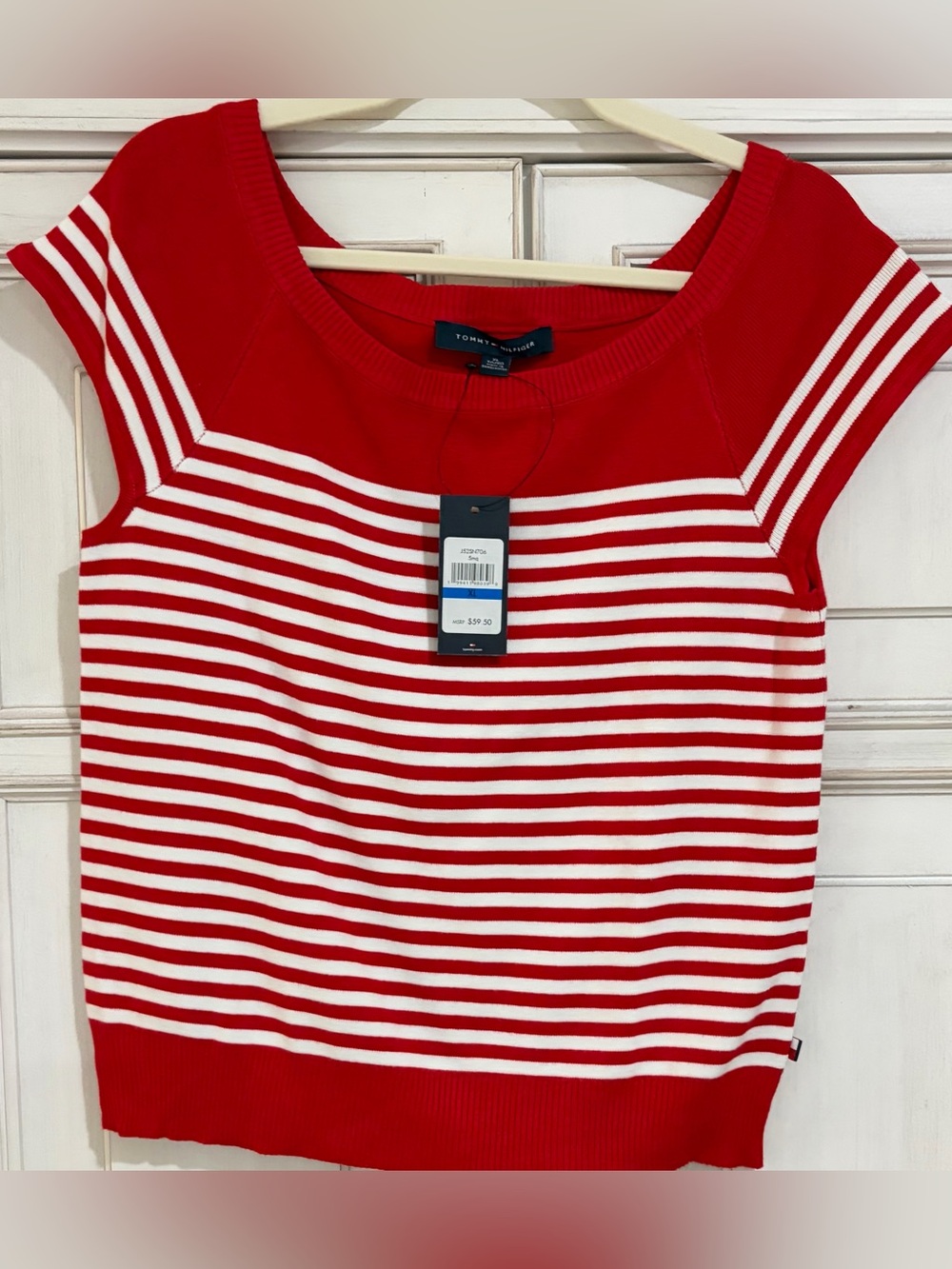 NWT SZ XL Tommy Hilfiger Red & White Striped Cap-Sleeve Knit Top